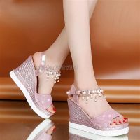 Girls Sandals Summer New Women Pump Fashion Pearl Rhinestone Platform Wedge Casual Female 10cm Ladies High Heels Shoes