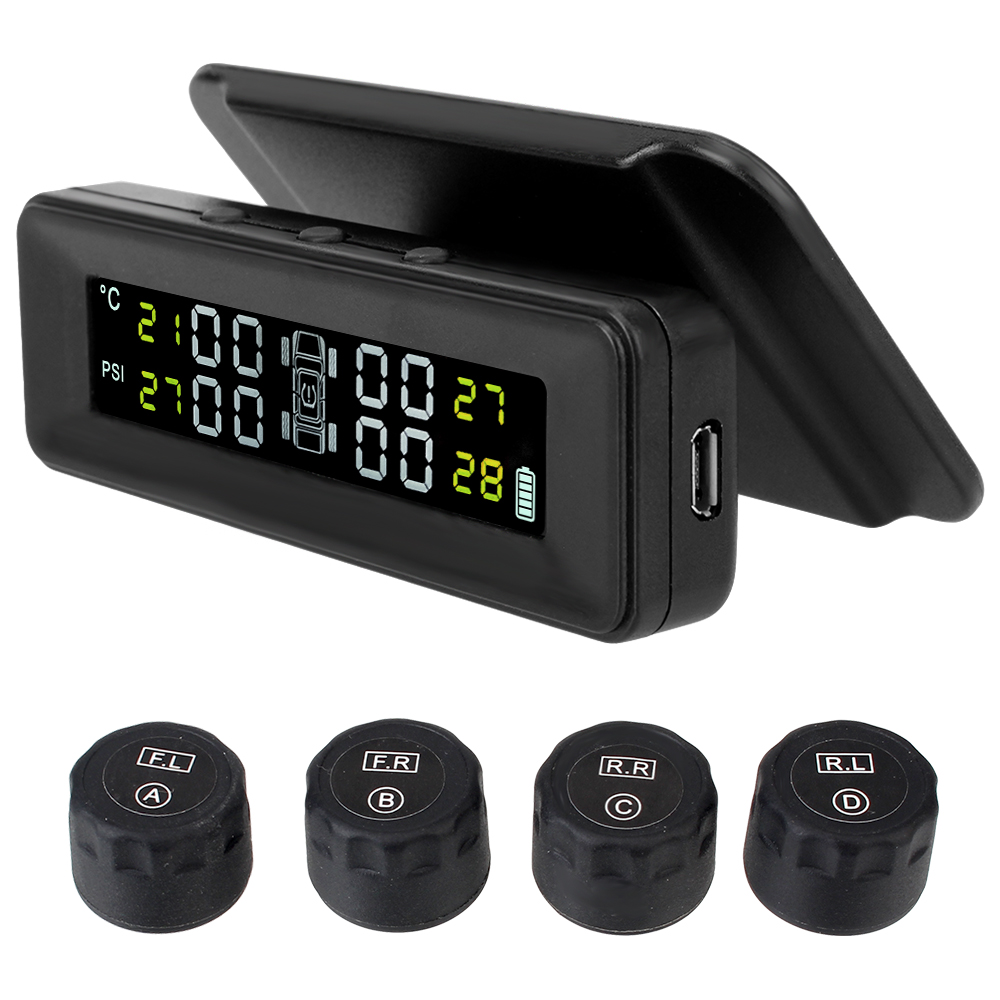 Tire Pressure Monitoring System TPMS Solar Wireless Power Universal Wireless Car Alarm System with 4 External Sensors LCD Real-time Display Pressure & Temperature Alerts Ensure Safe Driving 