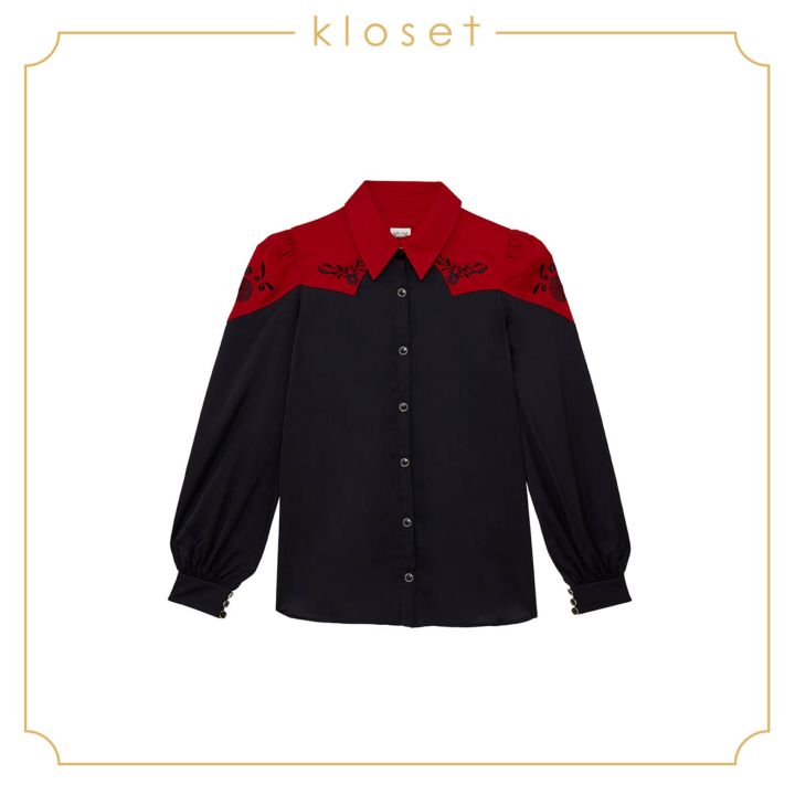 kloset-floral-embellished-shirt-rs21-t013-เสื้อแฟชั่น-เสื้อผ้าพิมพ์-เสื้อเชิ้ต-เสื้อแขนยาว-เสื้อตัดต่อผ้า2สี