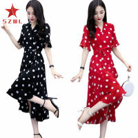 SZWL Women Dress V-neck Polka Dot Pattern Short-sleeve Mid-length Dress