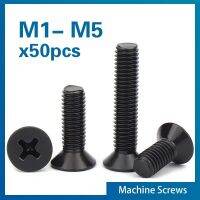 50pcs/lot  M1 M1.2 M1.4 M1.6 M1.7 M2 M2.5 M3 M3.5 M4 M5 KM Mini Small Black Steel KM Phillips Flat Countersunk Head Screw Bolt Nails Screws Fasteners