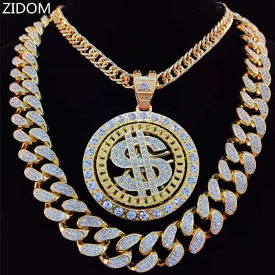 Men Hip hop rotatable Dollar Pendant Necklace with 20mm Miami Cuban Chain Hiphop Iced Out Bling Bling Necklaces Fashion Jeweley