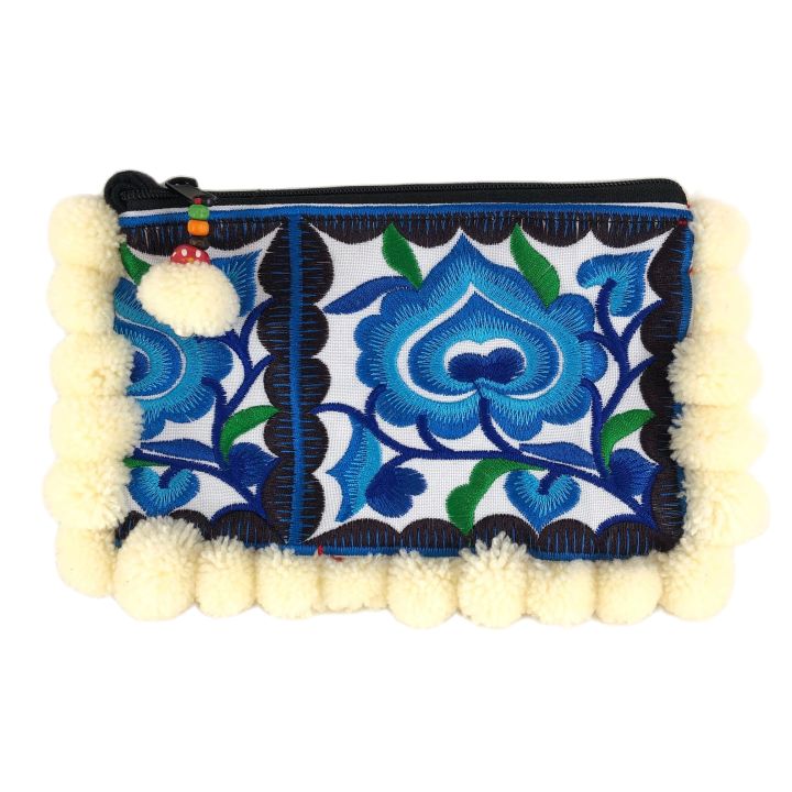 กระเป๋าม้ง-กระเป๋าแม้ว-กระเป๋าปอมปอม-สีฟ้าปุยขาว-ใส่เครื่องสำอาง-เครื่องประดับ-มือถือ-hmong-bag-purse-handmade-thai-pom-pom-wallet-coin