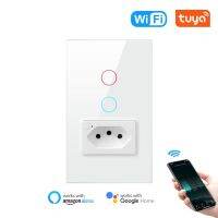 ▤ Tuya Brazil WiFi Wall Switch Timing With Socket Touch Glass Panel 1/2gang Outlet Smart Life App Remote For Alexa Google