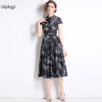 Lapel Short Sleeve Ink Print Mid-Length Large Swing Dress New