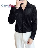 Cozy Up เสื้อเชิ้ตแขนยาวผู้ชายใหม่แฟชั่นสีทึบบางคอปกคิวบากระดุมแถวเดียว