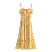 European and American style summer French fresh plaid lemon print stretch slim ruffled suspender dress for women