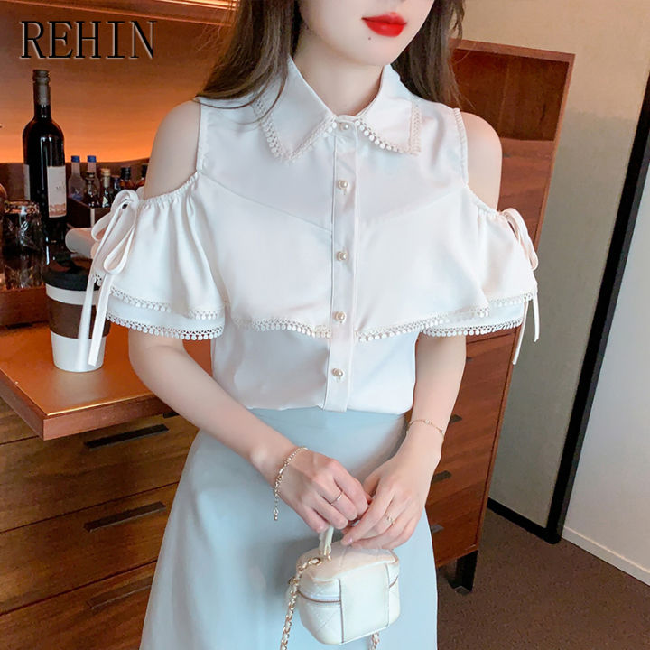 rehin-เสื้อเชิ๊ตผู้หญิง-เสื้อเชิ๊ตแขนพองแต่งระบายสไตล์ฝรั่งเศสเสื้อผู้หญิงแขนสั้นเปิดไหล่