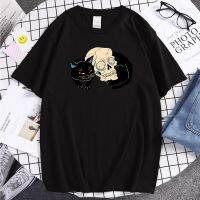 Tshirts Black Cat With Bone Head Pop Printing T-Shirts For Men Streetwear Harajuku Clothes For Mens Casual Hip Hop Shirt Male S-4XL-5XL-6XL