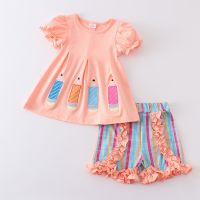 【YF】 Girlymax Back To School Summer Baby Girls Sibling Boutique Clothes Color Stripe Cotton Pencil Embroidery Dress Shorts Set