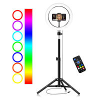 10inch/26cm RGB Ring Light LED Fill-in Light Dimmable 3500K-6500K USB Powered with Ballhead Adapter Phone Holder 55cm Floor Tripod Stand Remote Control for Live Streaming Selfie Facial Makeup