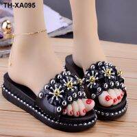 ☍✣✷ 2020 new high-heeled thick-soled flip flops cute summer sandals and slippers womens home non-slip going out wedge trendy