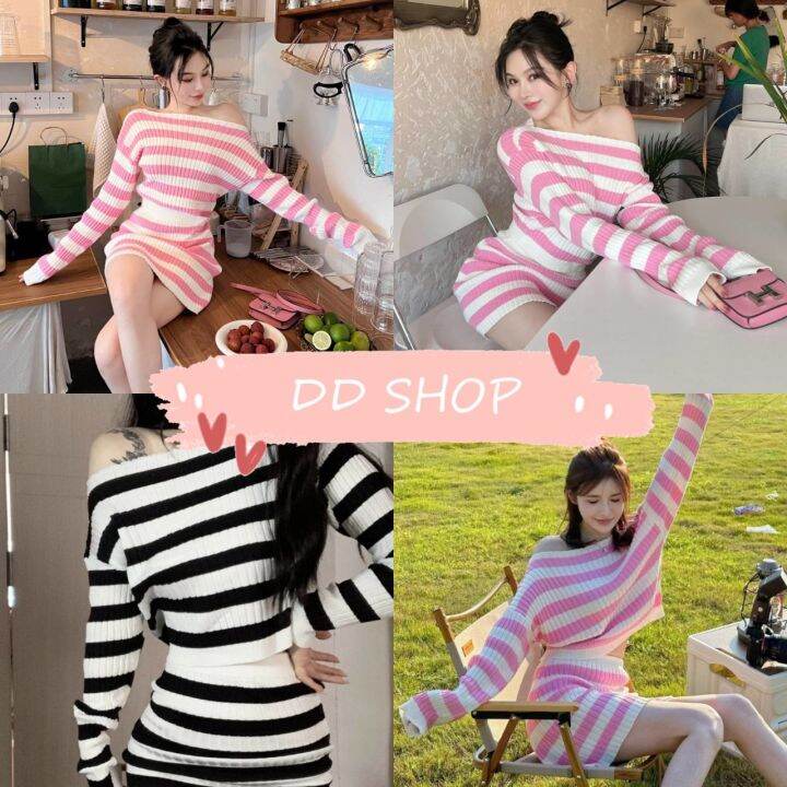 DD SHOP'พร้อมส่ง' 40008+400081 ชุดเซ็ต เสื้อแขนยาว+กระโปรง ลายทาง