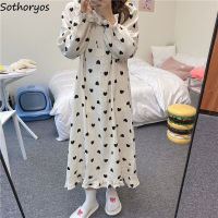 Heart Printed Nightgowns Women Loose Cozy Ruffles Sweet Long Sleeve Trendy Lovely Teenagers Females Sleepshirts Ins Lounge Chic