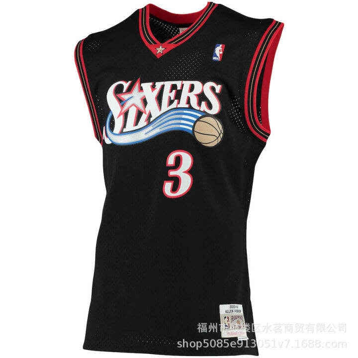 เสื้อกีฬาบาสเก็ตบอล-nba-ลายทางสำหรับผู้ชาย22-23เสื้อโปโล76ers-philadelphia-mitchell-และ-ness-สีดำเสื้อเจอร์ซีย์ฮาร์ดวูดใหญ่และสูง