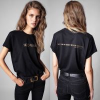 COD CPKA Zadig &amp; Voltaire spring and summer new French niche Classic letters woman gilding printing black womens round neck short-sleeved T-shirt