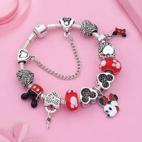 Mix Style Cute Cartoon Mickey Minnie Charm Bracelet Red Crystal Beaded Jewelry Antique Silver Color Heart DIY Bracelets