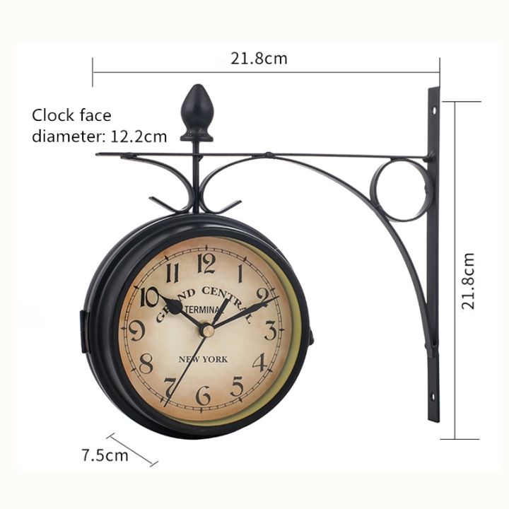สไตล์ยุโรปวินเทจนาฬิกานวัตกรรมแฟชั่นนาฬิกาแขวนสองด้านโบราณรอบแขวนผนังสถานีนาฬิกาสีดำ-ขาว