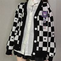 ✼❂ Kawaii Cartoon Embroidery Cardigan Uniform Checkerboard Sweater Coat Loose Y2k Knitted Sueters De Mujer 2022