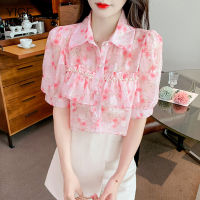 YIGE Very Immortal Ruffle Edge Korean Version Womens Shirt 2023 Summer New Sweet Womens Fragmented Blouse Top Age Reducing Bubble Short Sleeve Polo Collar Chiffon Shirt