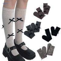 Women Morandi Color Mid Calf Socks Lolita Sweet Multi Bow Twist Striped Stocking