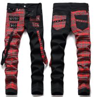 Trendy Mens Color Block Patch Casual Pants Stretch Feet Pants Mens Black Printed Pants European Station Punk Casual Trousers