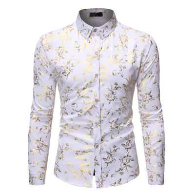 White Men Shirt 2022 Luxury Gold Floral Print Mens Dress Shirts Slim Fit Long Sleeve Chemise Homme Streetwear Hawaiian Shirt Man