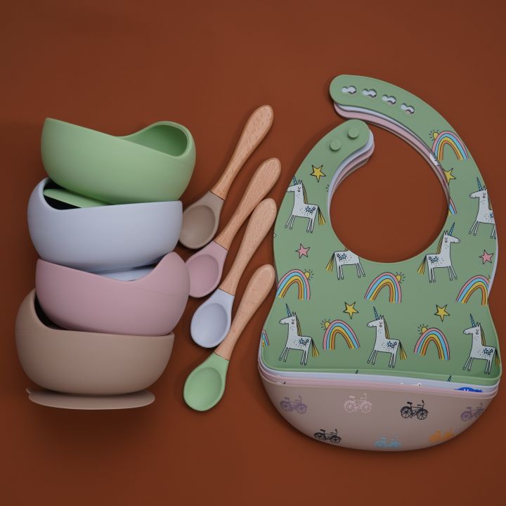 colorful-silicone-spoon-with-wooden-handle-hot-selling-baby-sucker-bowl-waterproof-adjustable-baby-bibs-print-saliva-towel