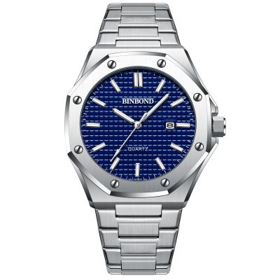 BINBOND นาฬิกาบุรุษลำลองแฟชั่น B0233หน้าปัดขนาดใหญ่นาฬิกาข้อมือควอตซ์ปฏิทินสเตนเลสเงินนาฬิกาผู้ชายแบรนด์คลาสสิก