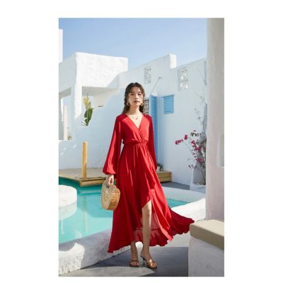 Elegant Casual Holiday y Backless Long Dresses Women Summer Long Sleeve Split Maxi Dress Red