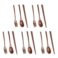 5X Wooden Cutlery Set Portable Eco Friendly Reusable Flatware Utensils Set Spoon Fork Chopsticks for Camping Lunch