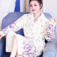 ；【‘；-  Leopard Women Robe Sleepwear Flannel Kimono Gown Warm Thick Nightgown Long Sleeve Bathrobe Gown Casual Home Dressing Gown