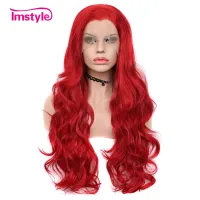 Imstyle Red Lace Wig Synthetic Lace Front Wig For Women Long Natural Wavy Wigs Cosplay Heat Resistant Fiber Glueless Wig  Hair Extensions Pads