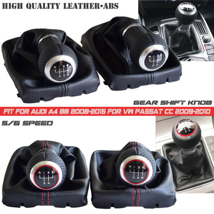 อุปกรณ์เสริมในรถยนต์สีดำ-สีแดงแผงหนังเกียร์เปลี่ยนลูกบิด-h-eadball-56ความเร็วสำหรับออดี้-a4-b8-2008-2015สำหรับ-vw-p-assat-cc-2009-2010