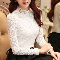 Fashion 2023 Elegant Lace Crocheted Hollow Out Top Stand-up Collar White Blouse Woman Sweet Long Sleeve Shirts Blusas 1695