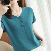 New summer V-neck short-sleeved t-shirt women knitted ice silk pure color casual loose pullover bottoming shirt