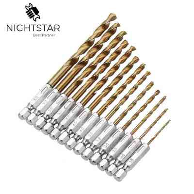 HH-DDPJBinoax 13pcs Titanium Hss Coated Drill Bit Set 1/4 Hex Shank 1.5-6.5mm Twist Drill Bit Hss High Speed Steel