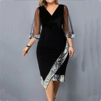 Women 39;s Dress Sequin Mesh Long Sleeve Asymmetrical Hem Formal Occasion Dress Elegant Slim Fit V-Neck Luxury Summer Skinny 2023