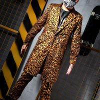 Fashion Leopard Long Coat Blazers Suits Tide Male Singer Musical Vocal Concert Punk Rock Costume Bar Dancer Party Stage Outfit