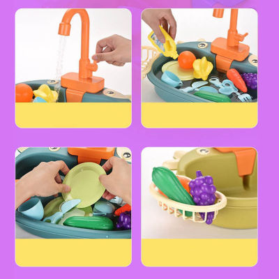 ชุดของเล่นในครัวสำหรับเด็ก Kids Simulation Play Sink With Fruit &amp; Tableware Toys Electric Cycle System For Running Water