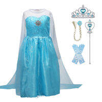 Frozenoanna Elsas Girls Halloween Cosplay Dress One-Piece Dress ชุดเจ้าหญิง Carnival Christmas Show Dress Kids