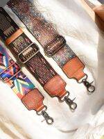 ✖☈ Bohemian style shoulder straps retro widened 5cm cowhide splicing strap accessories versatile canvas woven bag straps trendy