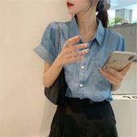 [COD] 2022 new loose single-breasted Polo collar mid-length temperament pocket short-sleeved denim top women