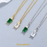 Kemstone วินเทจ S925เงินสเตอร์ลิงเงาลูกบาศก์สีขาวคริสตัลเพทายมรกตสแควร์จี้ชุบทองเงินชุบกระดูกไหปลาร้าสร้อยคอโซ่สำหรับผู้หญิง OL แสงหรูหราเครื่องประดับของขวัญ