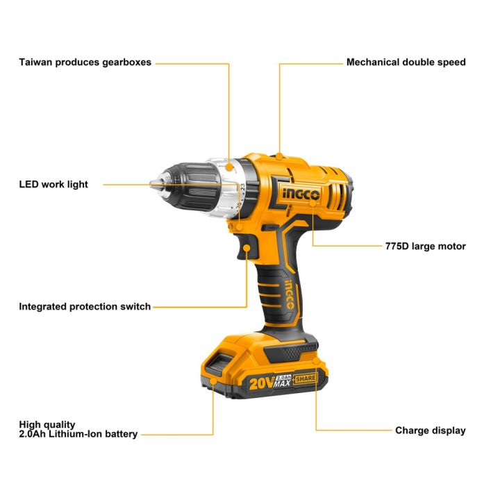ingco-สว่านไร้สายกระแทก-20v-รุ่น-cidli20012-แถมฟรี-แบตเตอรี่-20v-2ก้อน-ใช้แบต20v-ของ-total-ได้