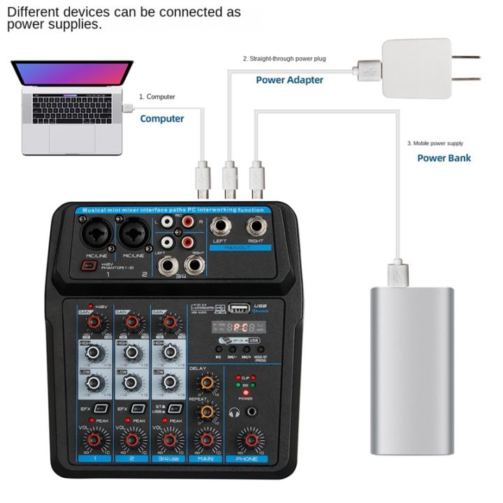 audio-mixer-bluetooth-mixer-48v-phantom-supply-delay-repeat-effect-4-channel-usb-audio-mixer
