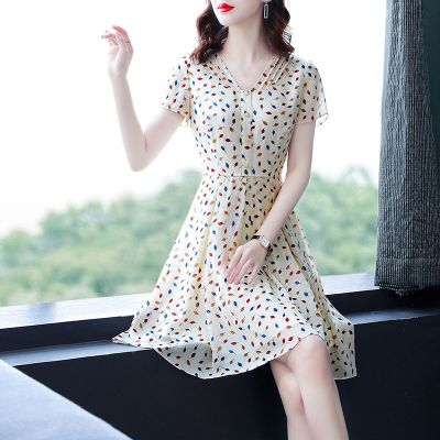 【YF】 Fashion V-Neck Button Loose Printed Folds Korean Mini Dress Women Clothing 2023 Summer New Short Sleeve Office Lady Floral