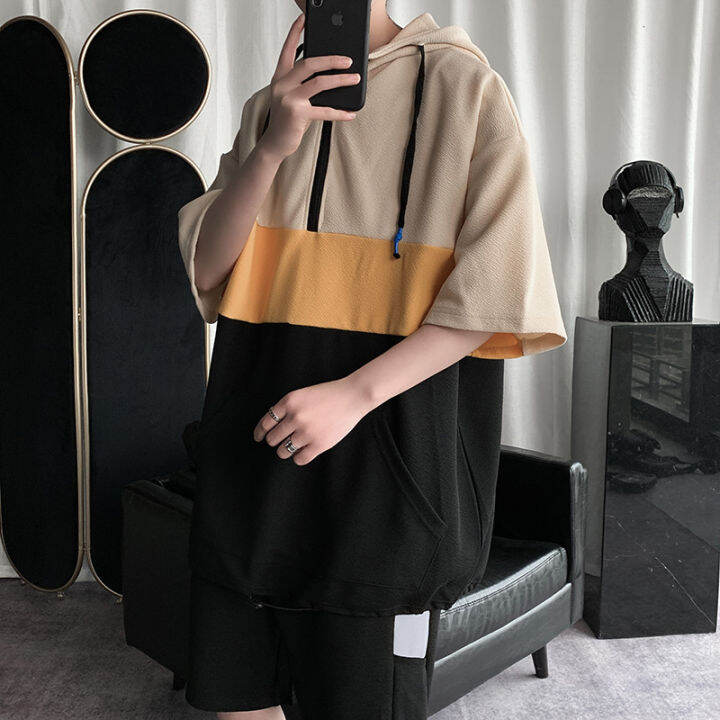 Ins Hong Kong Wind Hooded Short Sleeve T-shirt Men's Summer Half Zipper  Sweater Youth Loose Half Sleeve Shorts Set | Lazada PH