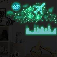 38x28cm Luminous Planet Plane Star Meteor Wall Stickers Living Room Bedroom Kindergarten Decoration Stickers Blue Light