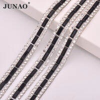 JUNAO 5หลา * 8มิลลิเมตรแก้ไขด่วนแก้วสีดำ R Hinestones ผ้าโซ่คริสตัลริบบิ้นตัด S Trass ลูกปัด A Pplique แถบสำหรับรองเท้าเสื้อผ้า